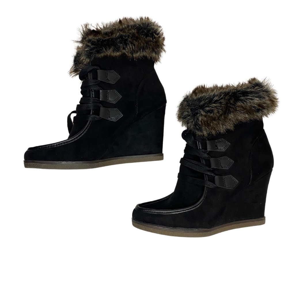 Merona Faux Fur Suede Wedge Winter Boots Black Heeled Booties
